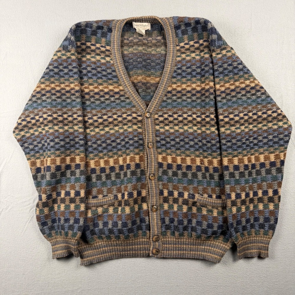 Vintage Tricots St Raphael Mens M Merino Wool Cardigan Sweater Geometric